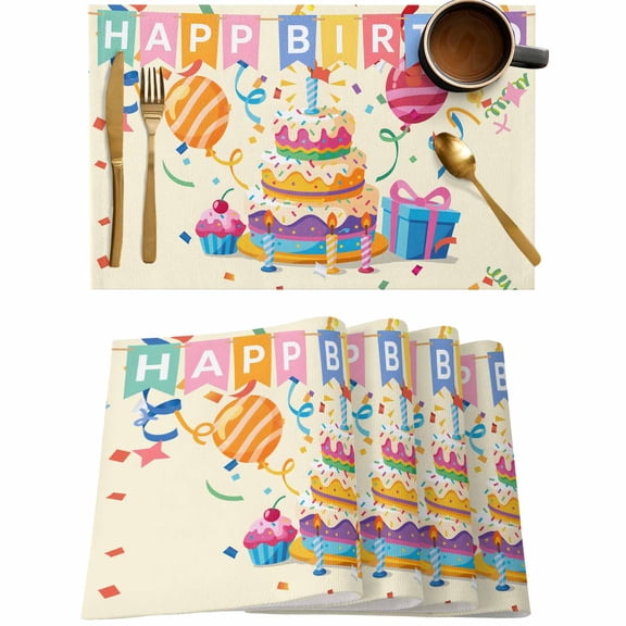 Happy Birthday Cake Balloon Firework Placemats Set of 4,Wipeable Washable Table Mats for Dining Tables,Celebration Place Mats for Kitchen Event Party Tabletop Decor