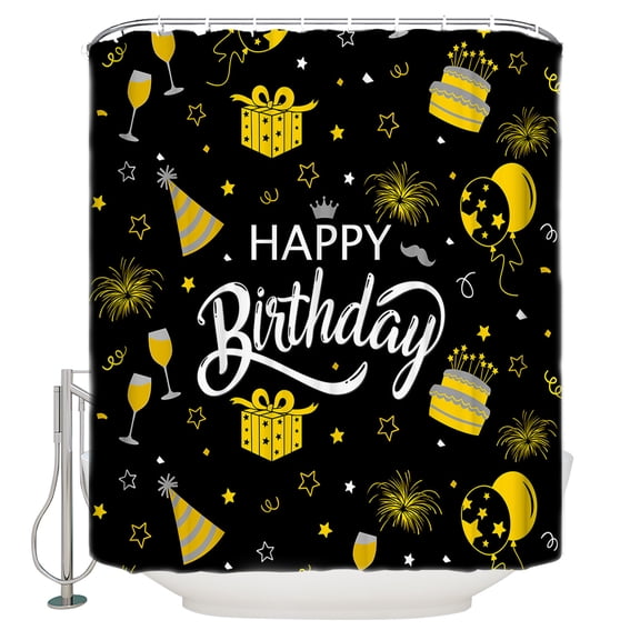 Happy Birthday Cake Balloon Firework Shower Curtain for Bathroom, Yellow Stars and Gift on Black Waterproof Shower Curtains Washable Quick Dry with Hooks Bathtub Curtains 60x72 IN