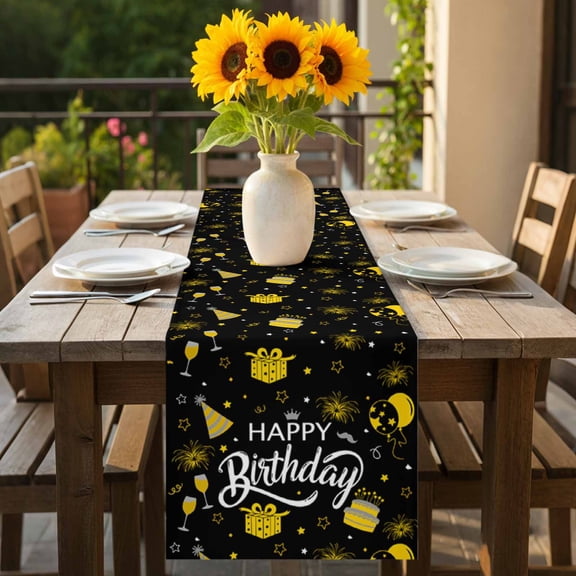 Happy Birthday Cake Balloon Firework Table Runner-70 Inch Long Yellow Stars and Gift on Black Table Runners Linen Burlap Tablerunner for Kitchen Dining Room Holiday Party