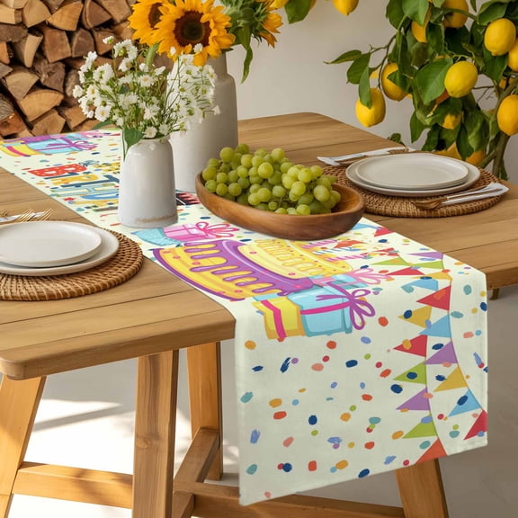 Happy Birthday Cake Colorful Ribbon Table Runner-36 Inch Long Balloon Noodle Table Runners Linen Burlap Tablerunner for Kitchen Dining Room Holiday Party