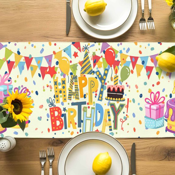 Happy Birthday Cake Colorful Ribbon Table Runner-72 Inch Long Balloon Noodle Table Runners Linen Burlap Tablerunner for Kitchen Dining Room Holiday Party