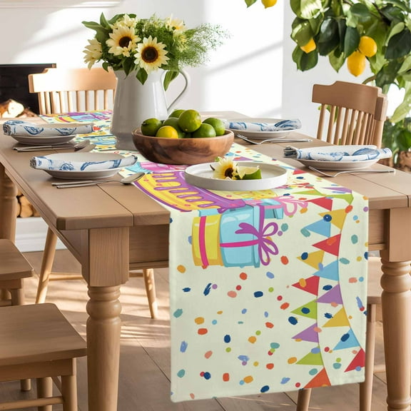 Happy Birthday Cake Colorful Ribbon Table Runner-90 Inch Long Balloon Noodle Table Runners Linen Burlap Tablerunner for Kitchen Dining Room Holiday Party