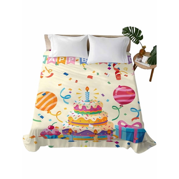 Happy Birthday Cake Flat Sheet Only Twin Size, Soft Breathable Bed Top Sheets for Mattress, Ribbon Balloon Cartoon Cute Luxury Bedding Flat Sheets for Home Hotel Bedroom Bed Protection