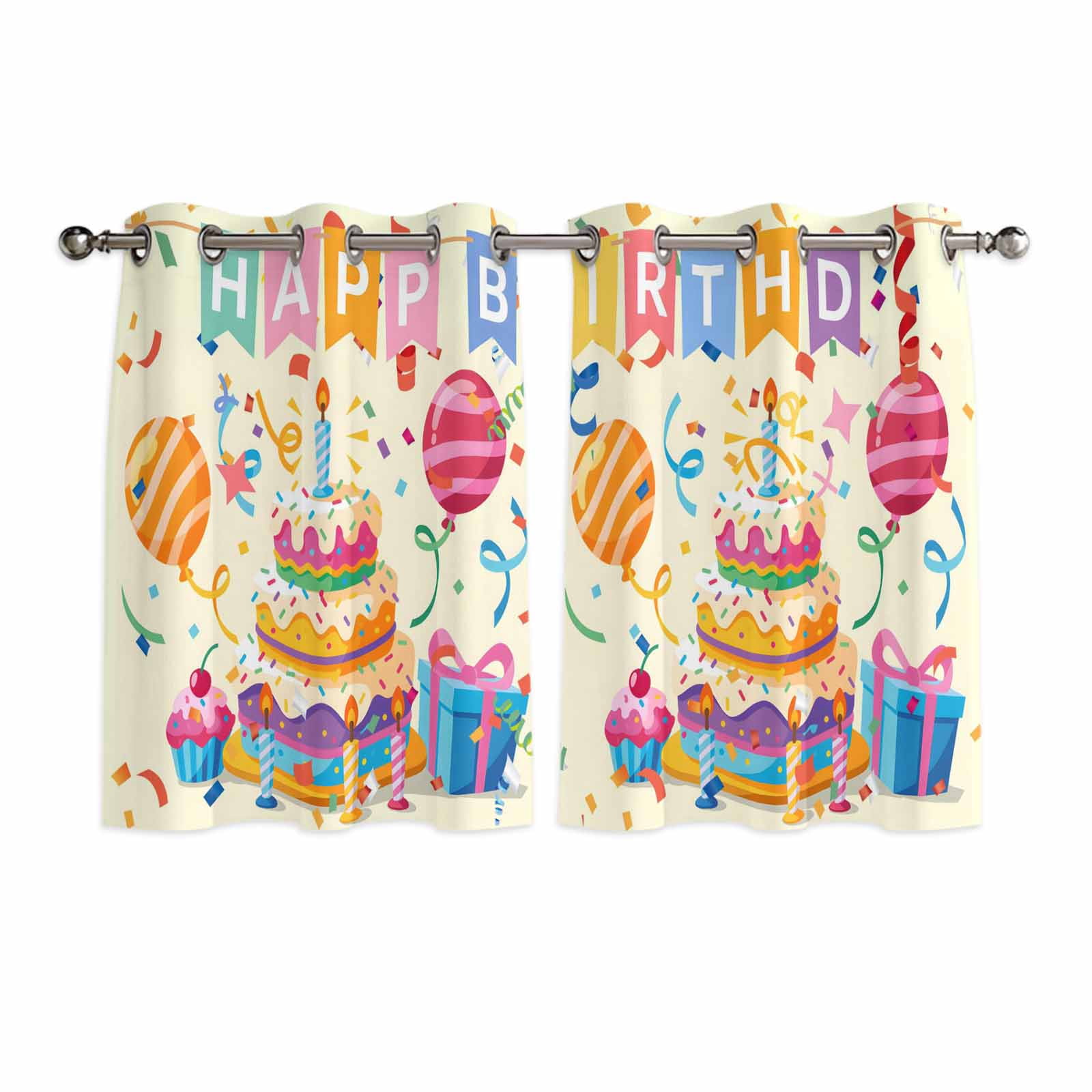 Hapy Rommet Happy Birthday Cake Kitchen Curtains Short 45 Inch Length, Ribbon ...