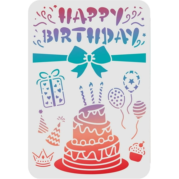 Happy Birthday & Cake Pattern Drawing Painting Stencils 11.6x8.3inch Reusable Plastic Stencils for Wood Floor Wall Fabric Mixed Color 1pc