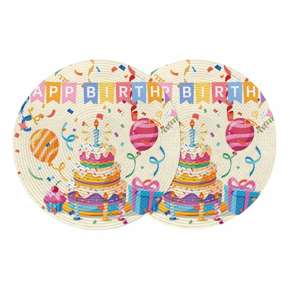 Happy Birthday Cake Round 13 Inch Placemats Set of 2, Ribbon Balloon Cartoon Cute HeatResistant Non Slip Place Mats for Dining Table, Wipeable Braided Kitchen Table Mats for Housewarming