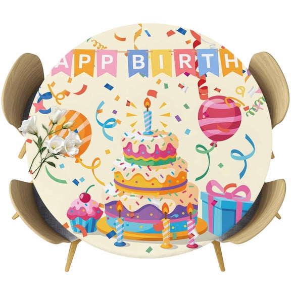 Happy Birthday Cake Round Tablecloth, Fitted Table Cover with Elastic for 45"-54" Round Tables, Ribbon Balloon Cartoon Cute Table Cloth Outdoor Indoor Dinning Party Waterproof Tablecloths