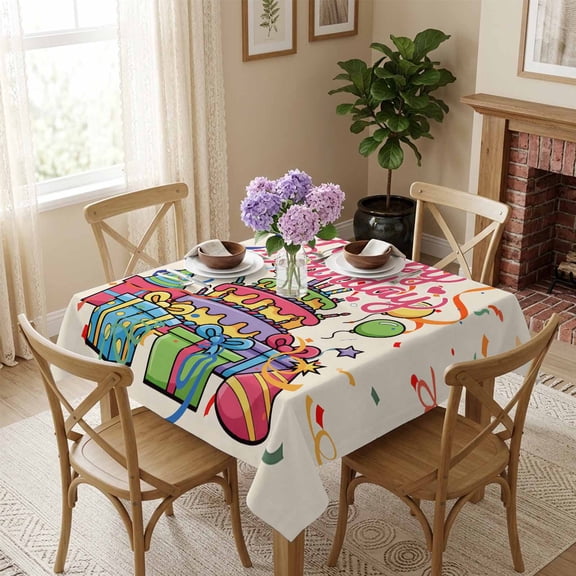 Happy Birthday Cake Square Tablecloth 54x54 Inch Colorful Ribbon Balloon Waterproof Polyester Table Cover, Washable Stain Resistant Tablecloth for Dining Table Kitchen Wedding