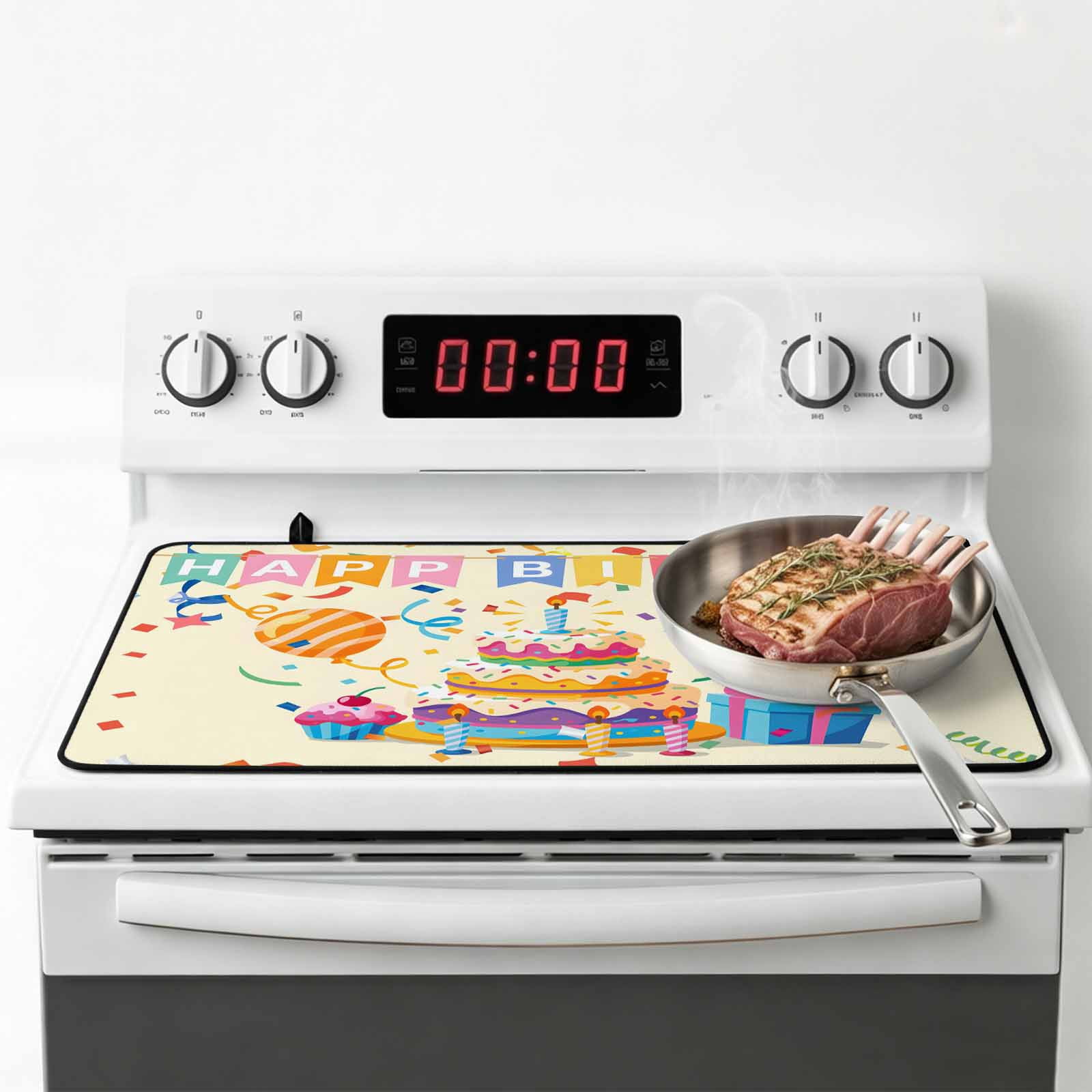 Happy Birthday Cake Stove Top Cover for Electric Stove, Heat-proof & Non Slip Glass Top Stove Cover Protector, Ribbon Balloon Cartoon Cute Kitchen Flat Cooktop Rubber Mat 24x21 Inches