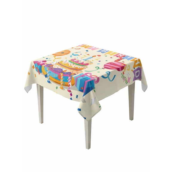 Happy Birthday Cake Table Cloth, Waterproof Tablecloth for Square Tables, Ribbon Balloon Cartoon Cute Reusable Washable Fabric Table Cover for Restaurant Kitchen Dining Tables 54"x54"