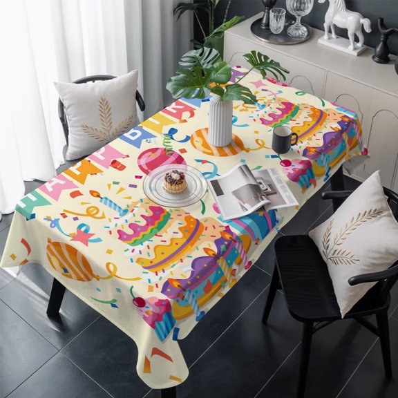 Happy Birthday Cake Table Cloth Waterproof Tablecloths, Ribbon Balloon Cartoon Cute Tablecloth Dining Table Cover for Kitchen Party Tabletop Outdoor, Rectangle Tablecloth 54x108 Inch