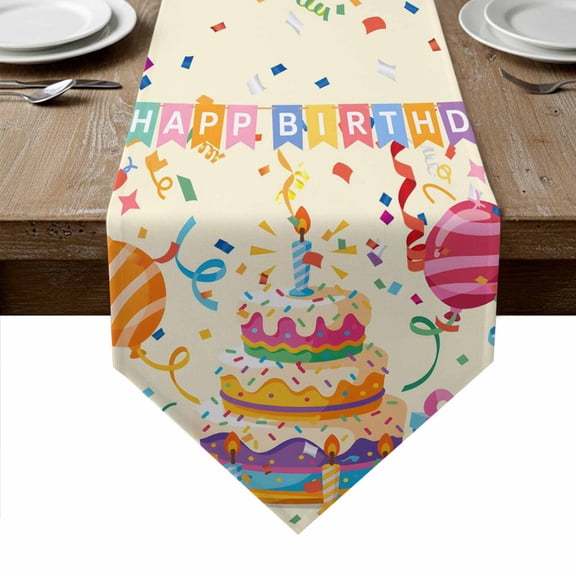 Happy Birthday Cake Table Runner Linen Burlap Table Runner 36 Inches Small Ribbon Balloon Cartoon Cute Dresser Scarves for Kitchen Island Coffee Dining Room Party Wedding Holiday Decoration 13"x36"