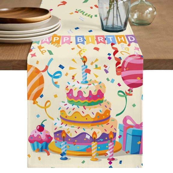 Happy Birthday Cake Table Runner, Ribbon Balloon Cartoon Cute Washable Cotton Linen Table Runners 36 Inches Long, Dresser Scarf Runner for Nightstand/End Tables/Round Tables 13''x36''