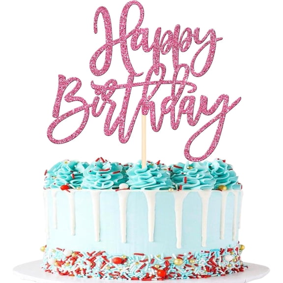 Happy Birthday Cake Topper, Hot Pink Glitter Cursive Script Cake Pick for Girls Birthday Party Cake Decorations, 1 Pack