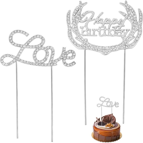 Happy Birthday Cake Topper Love Rhinestone Anniversary Wedding Cake Topper Party Cake Decoration Light Silver