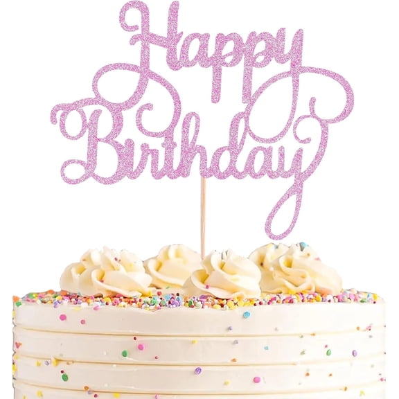 Happy Birthday Cake Topper, Pink Glitter Script Cake Pick for Multipurpose Birthday Party Supplies, 1 Count