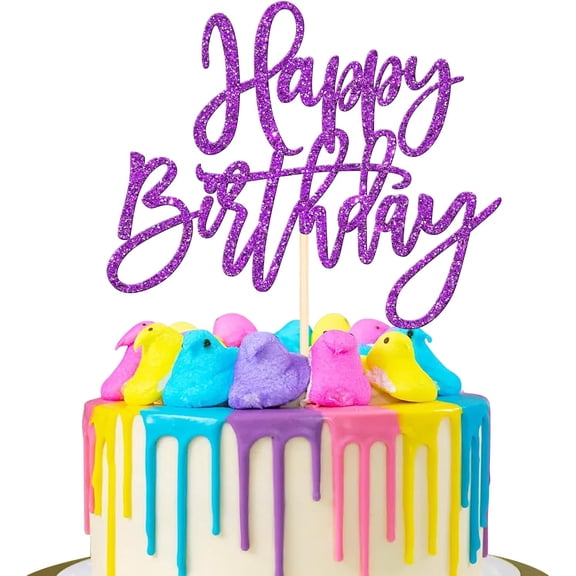 Happy Birthday Cake Topper, Purple Glitter Cursive Script Cake Pick for Colorful Birthday Party Cake Decor, 1 Count