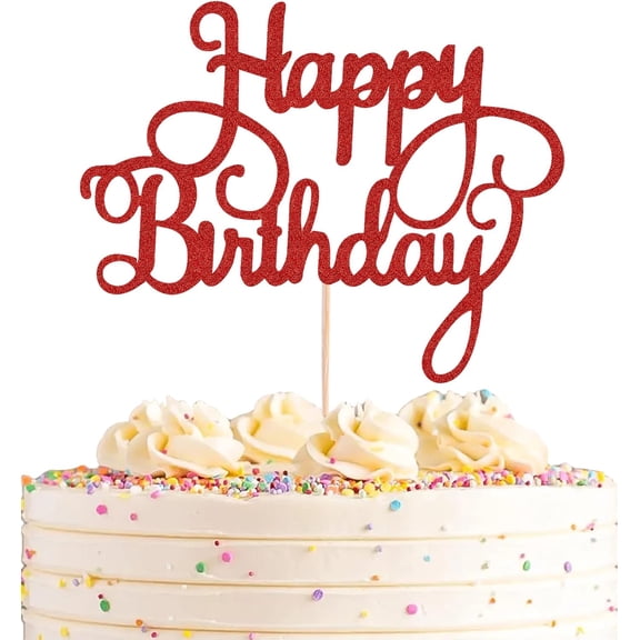 Happy Birthday Cake Topper, Red Glitter Script Cake Pick for Adult Birthday Party Decorations, 1 Count