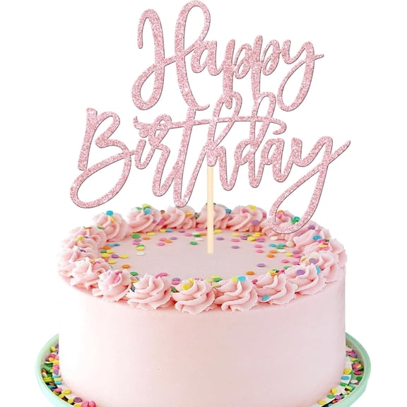 Happy Birthday Cake Topper, Rose Gold Glitter Cursive Script Cake Pick for All Ages Universal Birthday Party Cake Decorations, 1 Pack