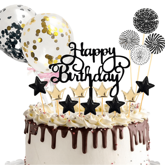 Happy Birthday Cake Topper Set - Cake Topper Decoration with Happy Birthday Cake Topper Balloon Stars and Fan Cupcake Toppers 16 Pieces Birthday Cake Decor for Birthday Party Celebration (Black Gold)