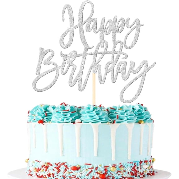 Happy Birthday Cake Topper, Silver Glitter Cursive Script Cake Pick for Universal All Ages Birthday Party Cake Decorations, 1 Pack