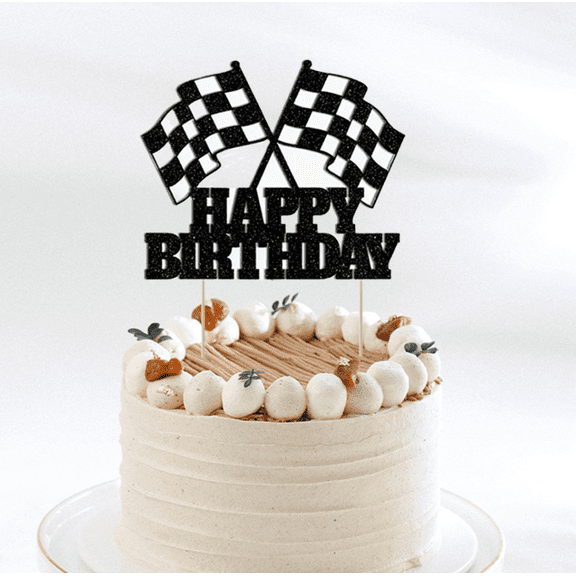 Happy Birthday Cake Topper with Checkered Racing Flags, Black Glitter, Racing Theme Party Decoration