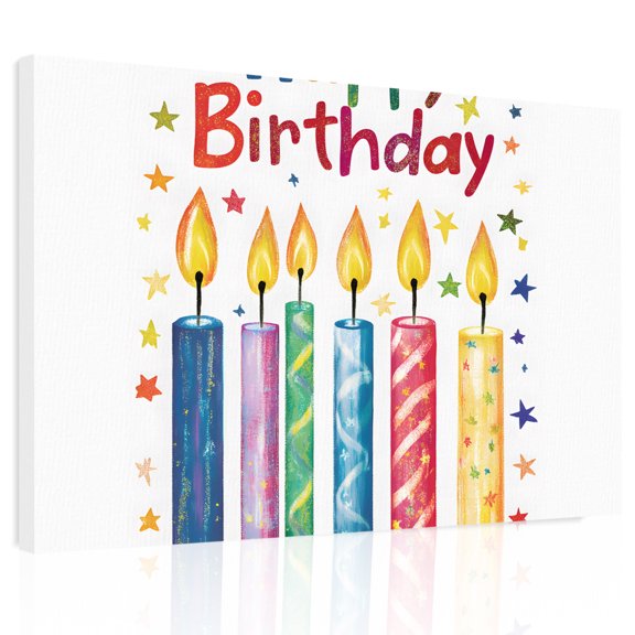 Happy Birthday Canvas Print Wall Art, Colorful Candles Wall Decor Modern Artwork Paintings Pictures for Living Room Framed and Stretched Ready to Hang, 24" x 32"