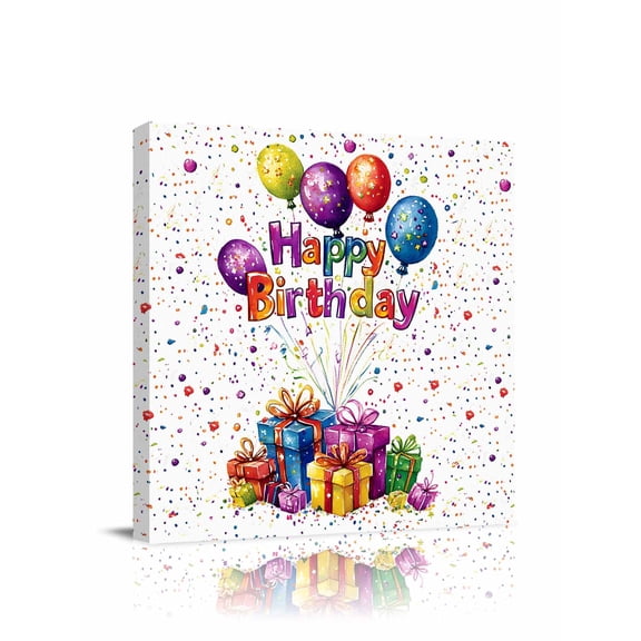 Happy Birthday Canvas Wall Art, Colorful Balloon Polka Dots Present Framed Wall Decor Modern Artwork Prints Painting for Living Room, Bedroom, Kitchen & Cafe Decor 8x8 Inch