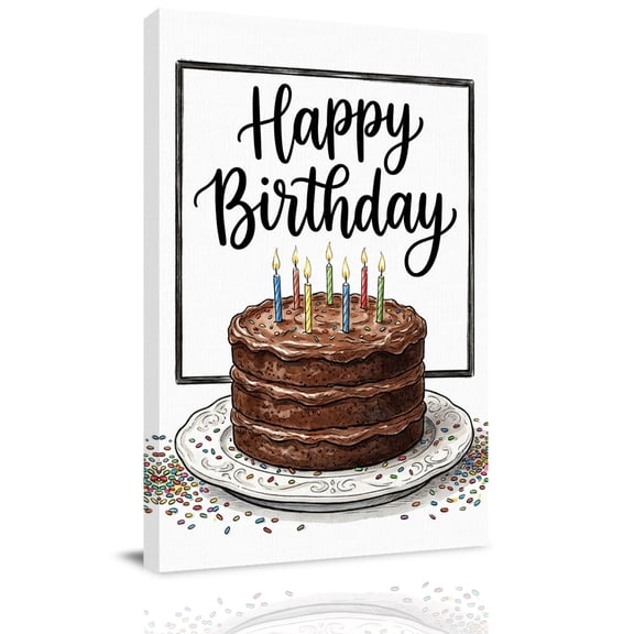 Happy Birthday Canvas Wall Art for Living Room, Watercolor Chocolate Cake Colored Candle Candy Wall Decor Framed Artwork Pictures Ready to Hang for Bedroom Office Home Decor