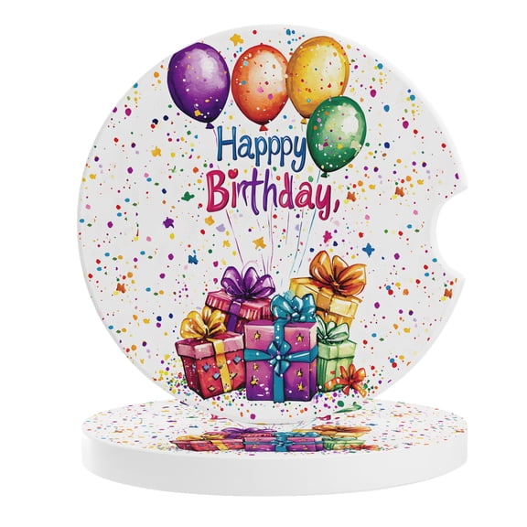 Happy Birthday Car Coasters for Cup Holders Set of 2 Absorbent, 2.56" Ceramic Stone Drinks Cupholder Coasters with Finger Notch Colorful Balloon Gifts Patterns Auto Interior Accessories for Women
