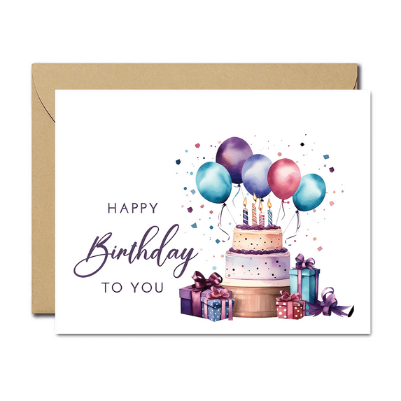 Happy Birthday Card with Cake and Balloons – Colorful Design, Blank Inside, Envelope Included – Perfect for Celebrating Birthdays of Friends and Family