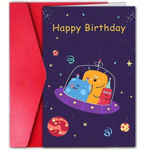 Happy Birthday Card with Colorful Aliens in Spaceship – Fun and Whimsical Design – Includes Envelope – Perfect for Kids, Party Invitations, and Celebrations