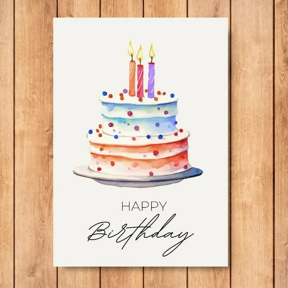 Happy Birthday Card with Colorful Cake Design – Gorgeous Watercolor Style – Perfect for All Ages – Includes Envelope, Blank Inside for Personal Messages