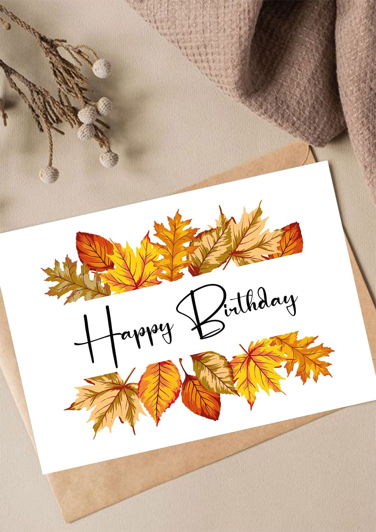 Happy Birthday Card with Fall Leaves Design – Elegant Autumn Greeting ...