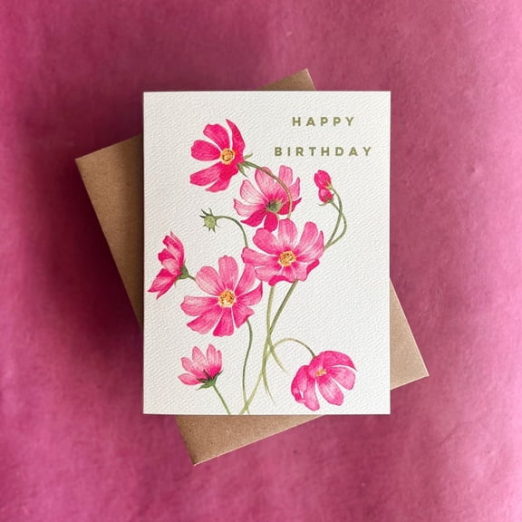 Happy Birthday Card with Floral Design – Elegant Pink Flowers – Blank Inside for Personal Messages – Includes Envelope – Perfect for Celebrating Birthdays