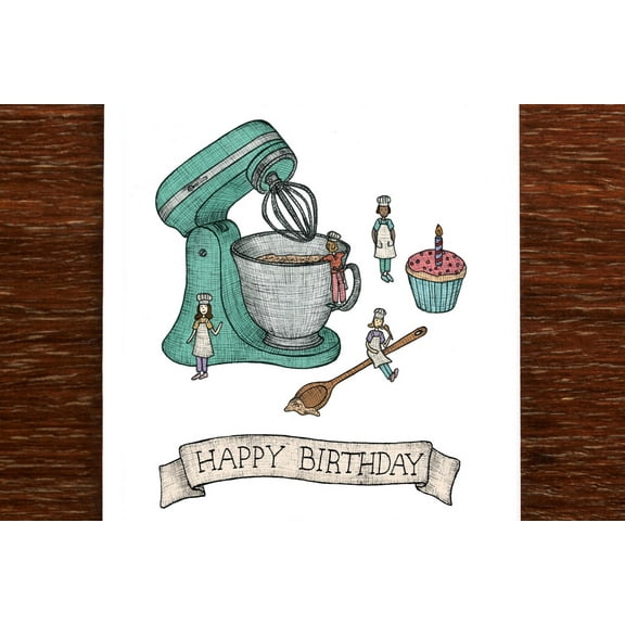 Happy Birthday Card with Fun Baking Illustration  Charming Mixer & Cupcake Design  Blank Inside, Envelope Included  Perfect for Foodies, Bakers, and Friends