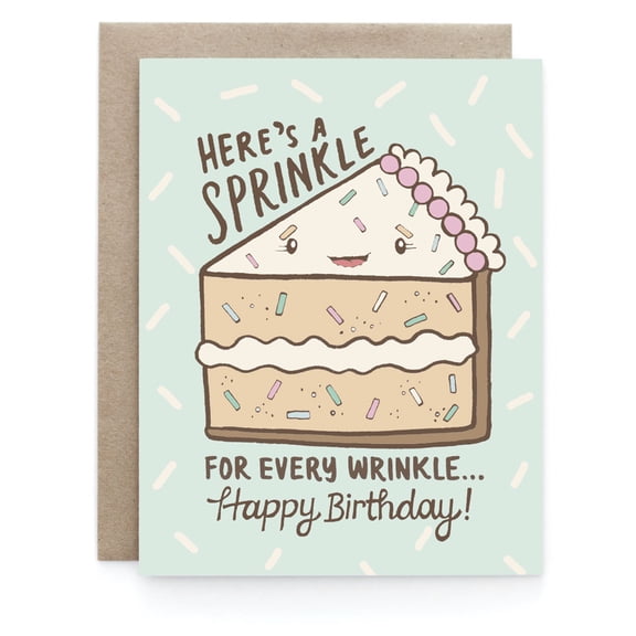 Happy Birthday Card Fun and Whimsical Cake Design "Here's a Sprinkle for Every Wrinkle" Blank Inside, Envelope Included Perfect for Birthdays, Friends, and Family