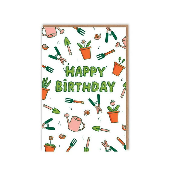 Happy Birthday Card with Gardening Theme - Fun Illustrated Design Featuring Plants and Tools - Perfect for Garden Lovers - Quick Delivery in a Protective Envelope