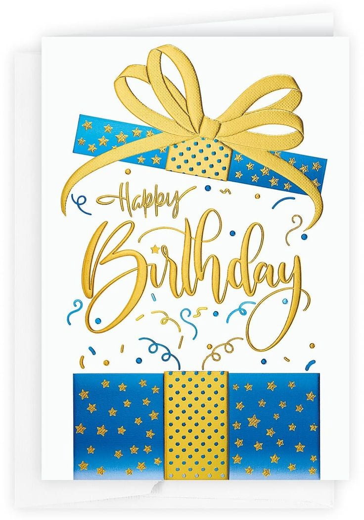 Happy Birthday Card with Gift Box Design – Shiny Gold Foil Letters ...
