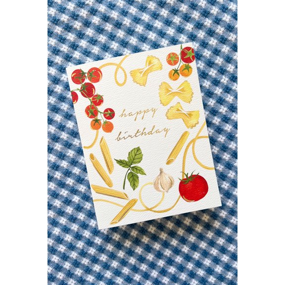 Happy Birthday Card with Pasta and Vegetables Design – Unique Greeting Card for Food Lovers – Blank Inside, Envelope Included – Perfect for Birthdays and Special Occasions