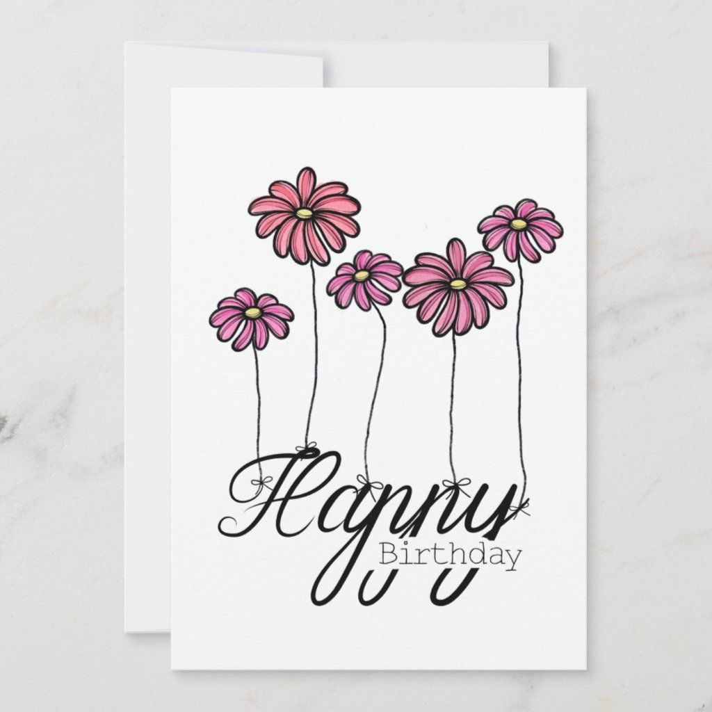 Happy Birthday Card with Pink Flowers – Vibrant Floral Design – Blank ...
