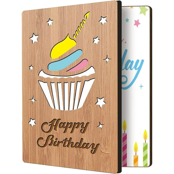 Happy Birthday Card Real Bamboo Wood Greeting Card with Hollow Cake & Star and Engraved Words Design Handmade Handwritten Card with Envelope for Sending Birthday Wishes