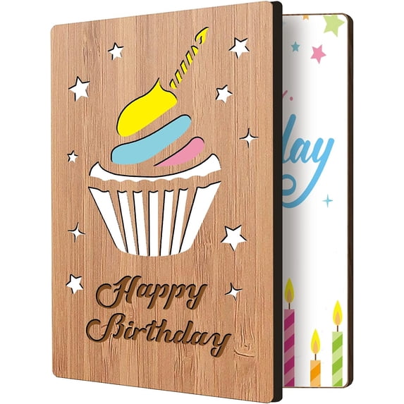 Happy Birthday Card Real Bamboo Wood Greeting Card with Hollow Cake & Star and Engraved Words Design Handmade Handwritten Card with Envelope