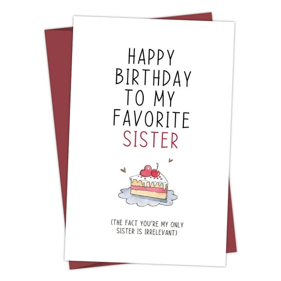 Happy Birthday Card for Sister – "To My Favorite Sister" Design with Cake Illustration – Blank Inside, Envelope Included – Perfect Birthday Gift for Your Beloved Sister