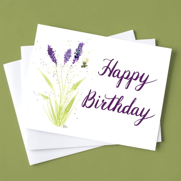 Happy Birthday Card, Watercolor Lavender Flower and Bee Illustration, Purple Script Text, Artistic Botanical Greeting Card for Friends and Family, Nature-Inspired Design
