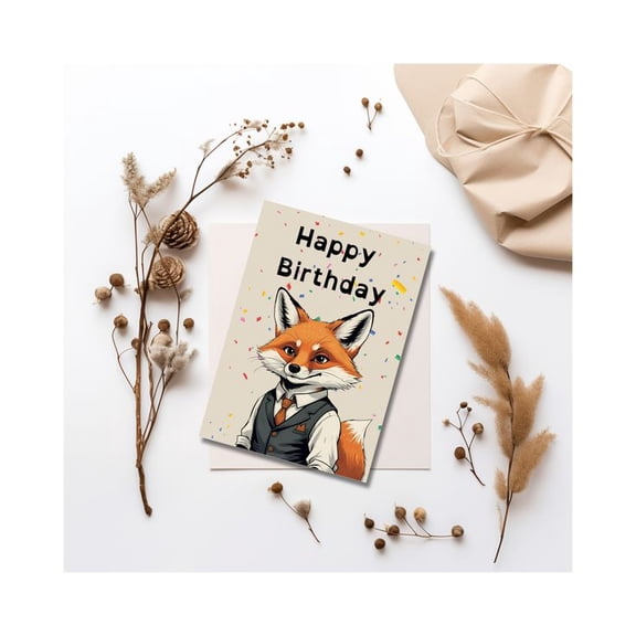 Happy Birthday Card featuring a Stylish Fox in a Suit Perfect for Birthday Celebrations Envelope Included, Blank Inside for Personal Messages