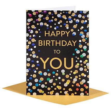 Happy Birthday Card with Glittery Confetti Design – Gold Foil Accents – Includes Envelope – Perfect for Celebrating Friends and Family’s Special Day