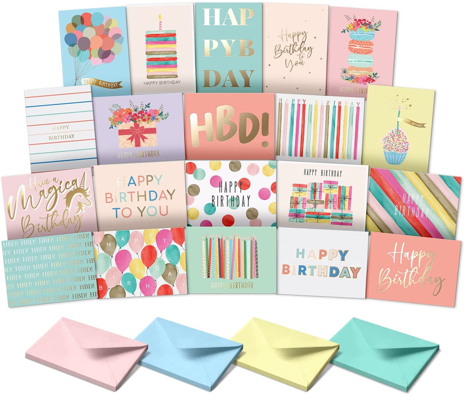 Happy Birthday Cards with Envelopes & Assortment Box. Variety Set of 20 Assorted Envelopes, Perfect Bulk Pack for Celebrations, Special Occasions, Friends