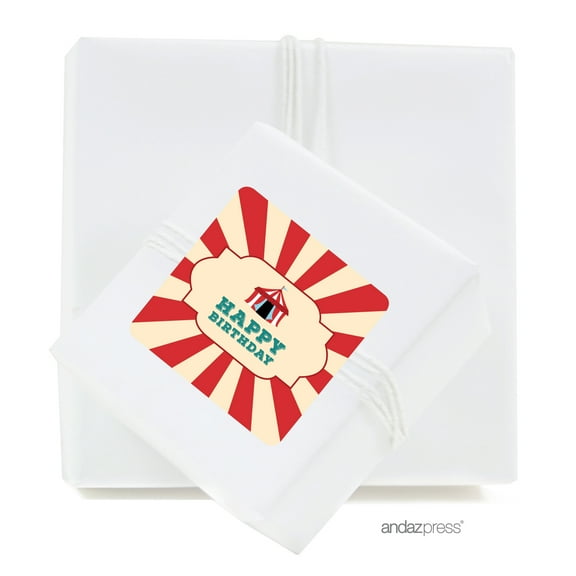 Happy Birthday Carnival Circus Birthday Square Label Stickers, 40-Pack