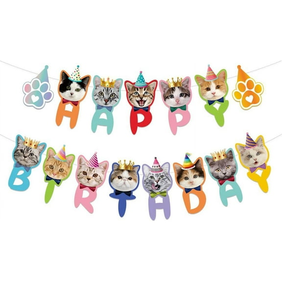 Happy Birthday Cat Banner, Kitty Cat Theme Party Bunting Decoration for Adoption Baby Shower Birthday Party Favors